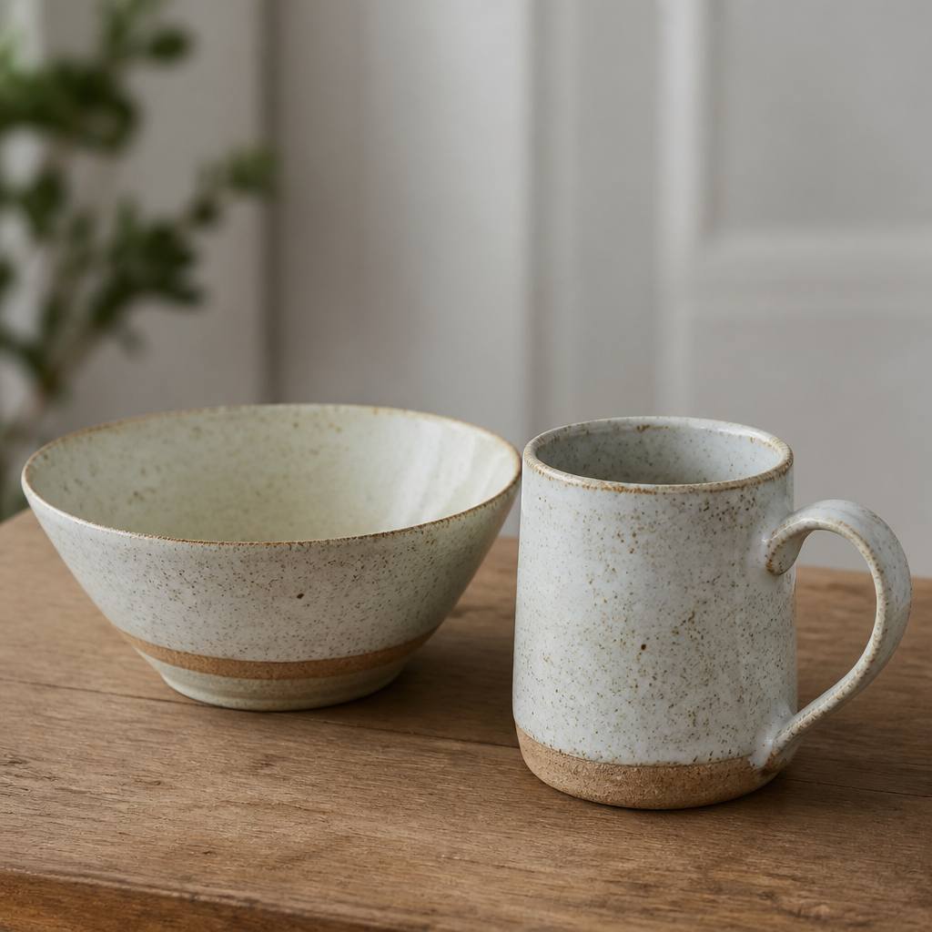 Speckled bone-glazed bowl and mug on wood